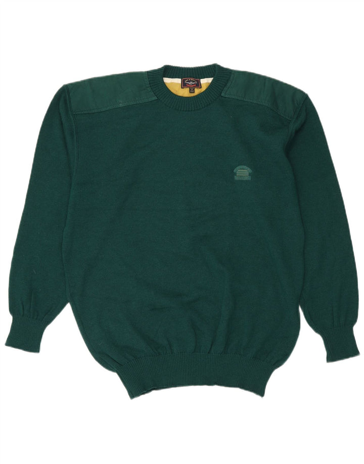 Vintage hombres cuello redondo jersey suéter grande verde lana virgen