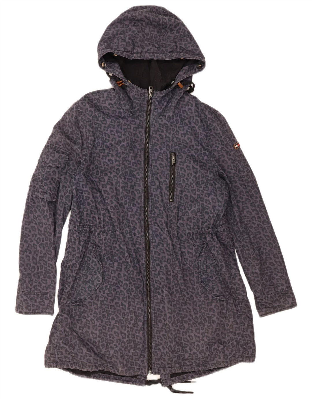 TOMMY HILFIGER Womens Parka Jacket UK 14 Medium Navy Blue Animal Print