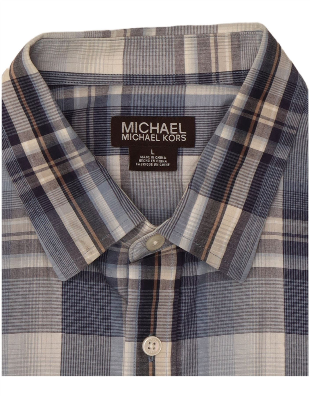 MICHAEL KORS Camisa de manga corta para hombre de algodón a cuadros azules grandes