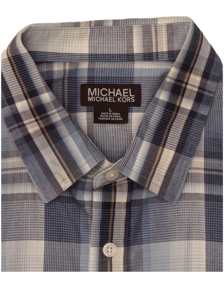 MICHAEL KORS Camisa de manga corta para hombre de algodón a cuadros azules grandes