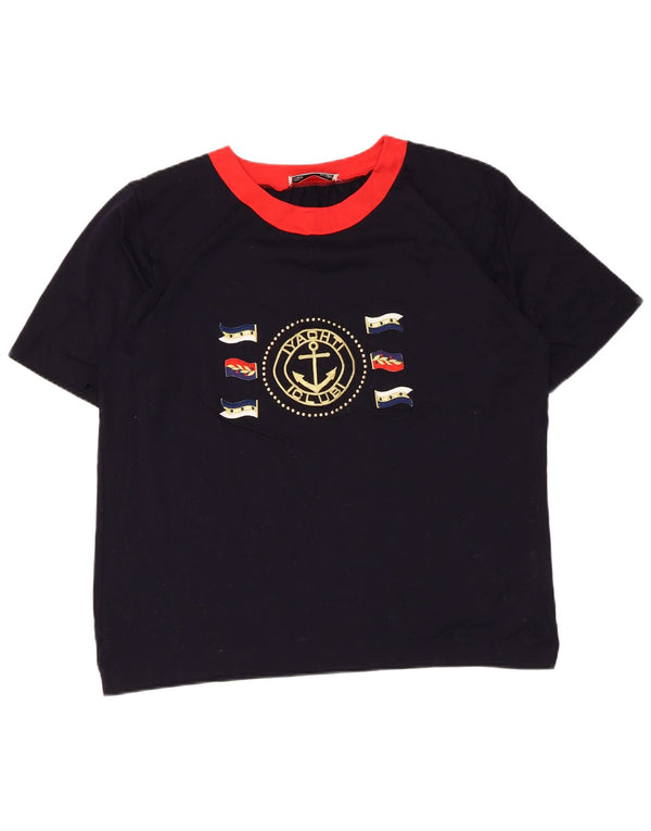 Vintage mujer camiseta gráfica Top UK 16 grande azul marino