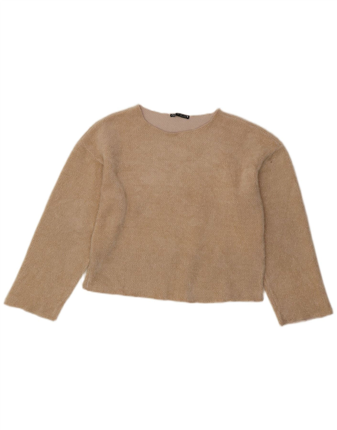 Zara Mujer Crop Top Manga Larga UK 10 Small Beige Poliéster