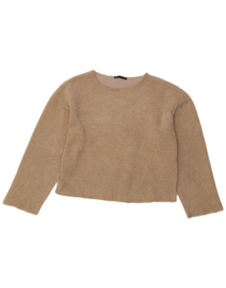 Zara Mujer Crop Top Manga Larga UK 10 Small Beige Poliéster