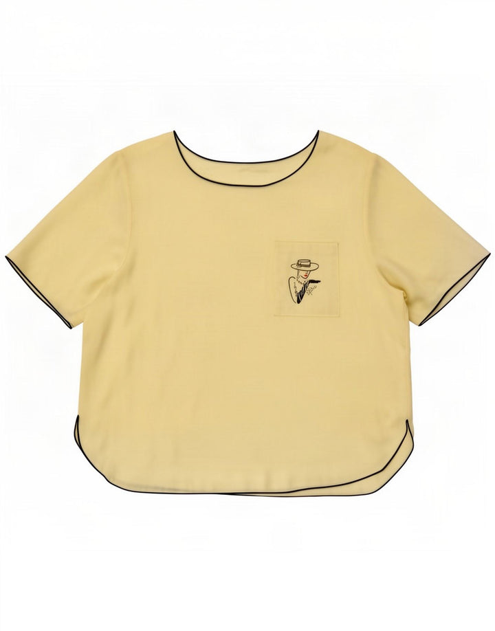 Vintage mujer blusa gráfica Top Reino Unido 16 amarillo grande