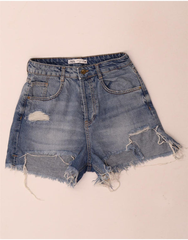 Zara Pantalones cortos de mezclilla desgastados para mujer EU 38 Small W28 Azul