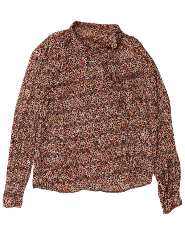 Vintage mujer doble pecho camisa blusa Reino Unido 16 grande marrón geométrico