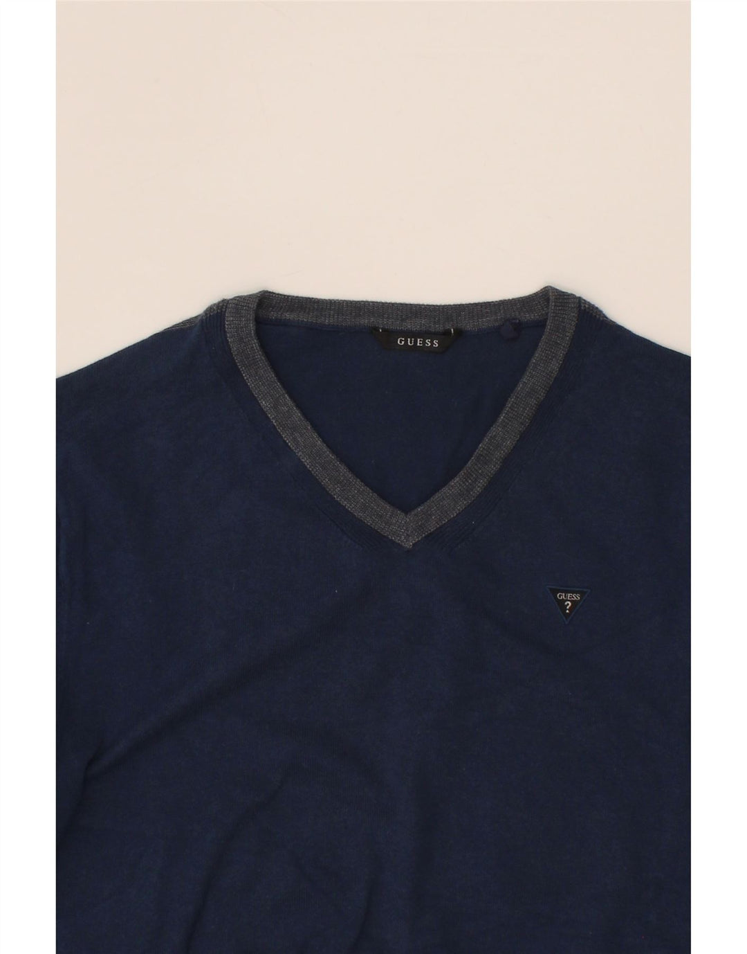 GUESS Mens V-Neck Jumper Sweater Small Navy Blue Vintage Guess and Second-Hand Guess from Messina Hembry 