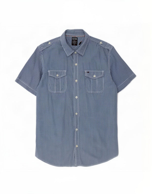 Tommy Hilfiger Camisa militar de manga corta de algodón a cuadros azul medio para hombre