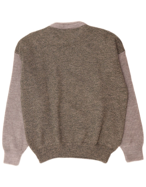 Vintage hombres cuello redondo jersey suéter grande verde colorblock lana