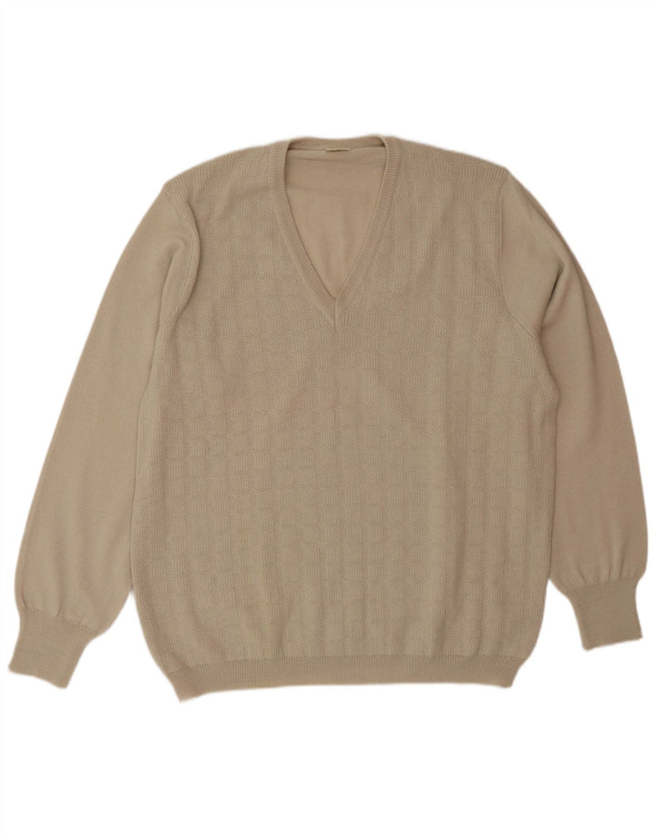 VINTAGE Hombre V-Cuello Jumper Suéter Grande Beige Lana