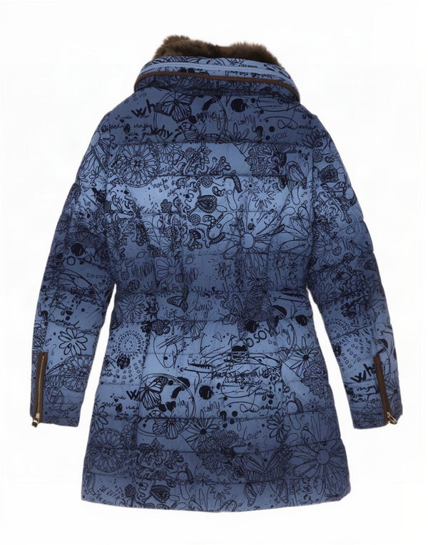 Desigual Mujer Abrigo acolchado con capucha EU 40 Poliéster floral azul medio