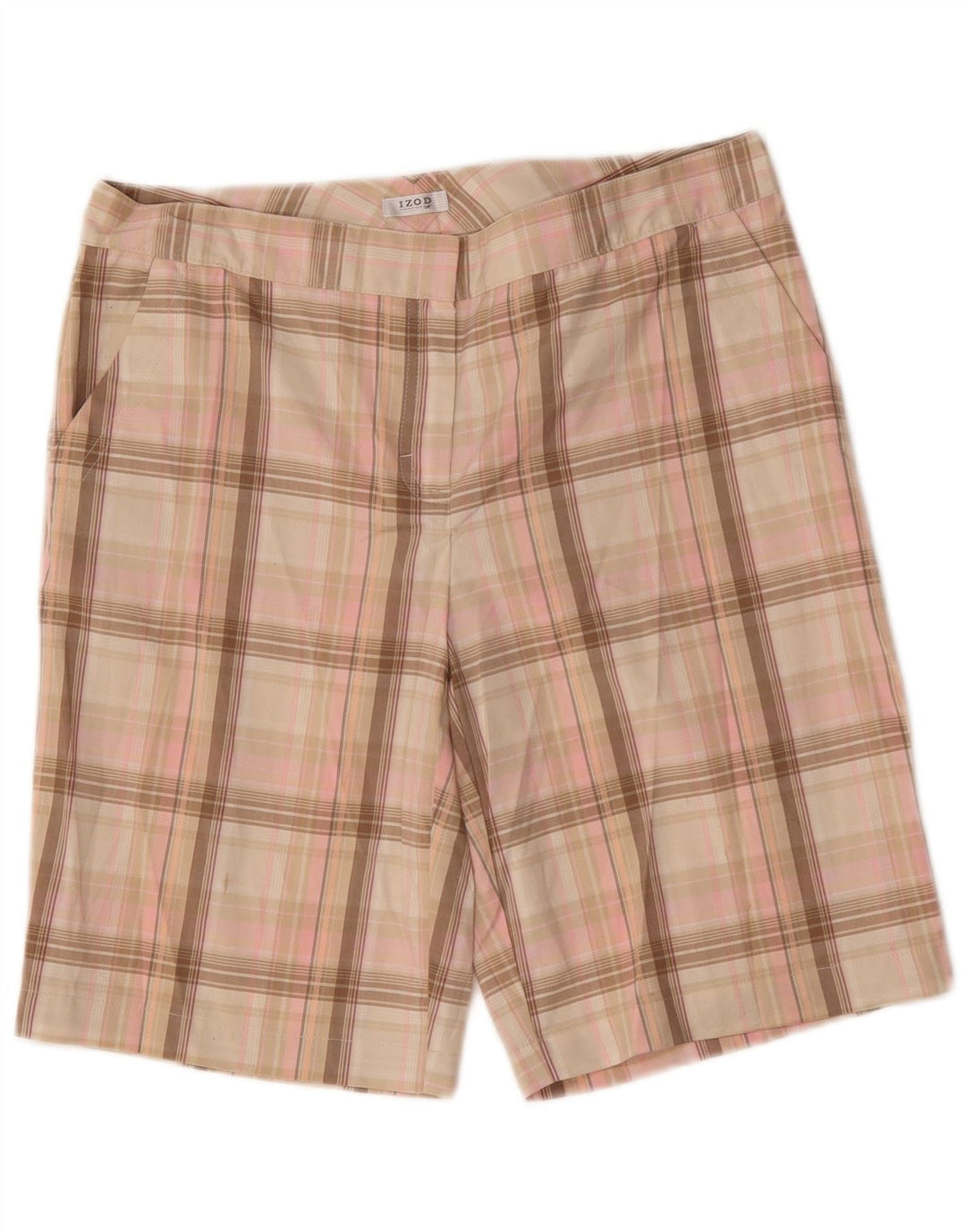 Izod Pantalones cortos chinos para mujer US 8 Medium W32 Pink Check Poliéster