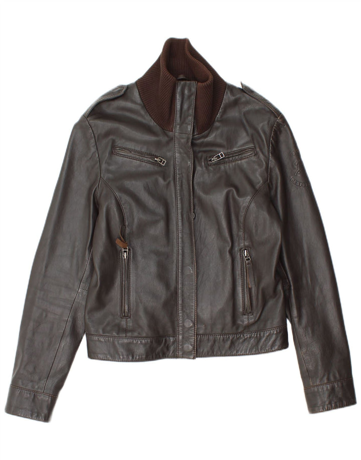 Vintage mujer chaqueta de cuero Reino Unido 12 cuero marrón medio