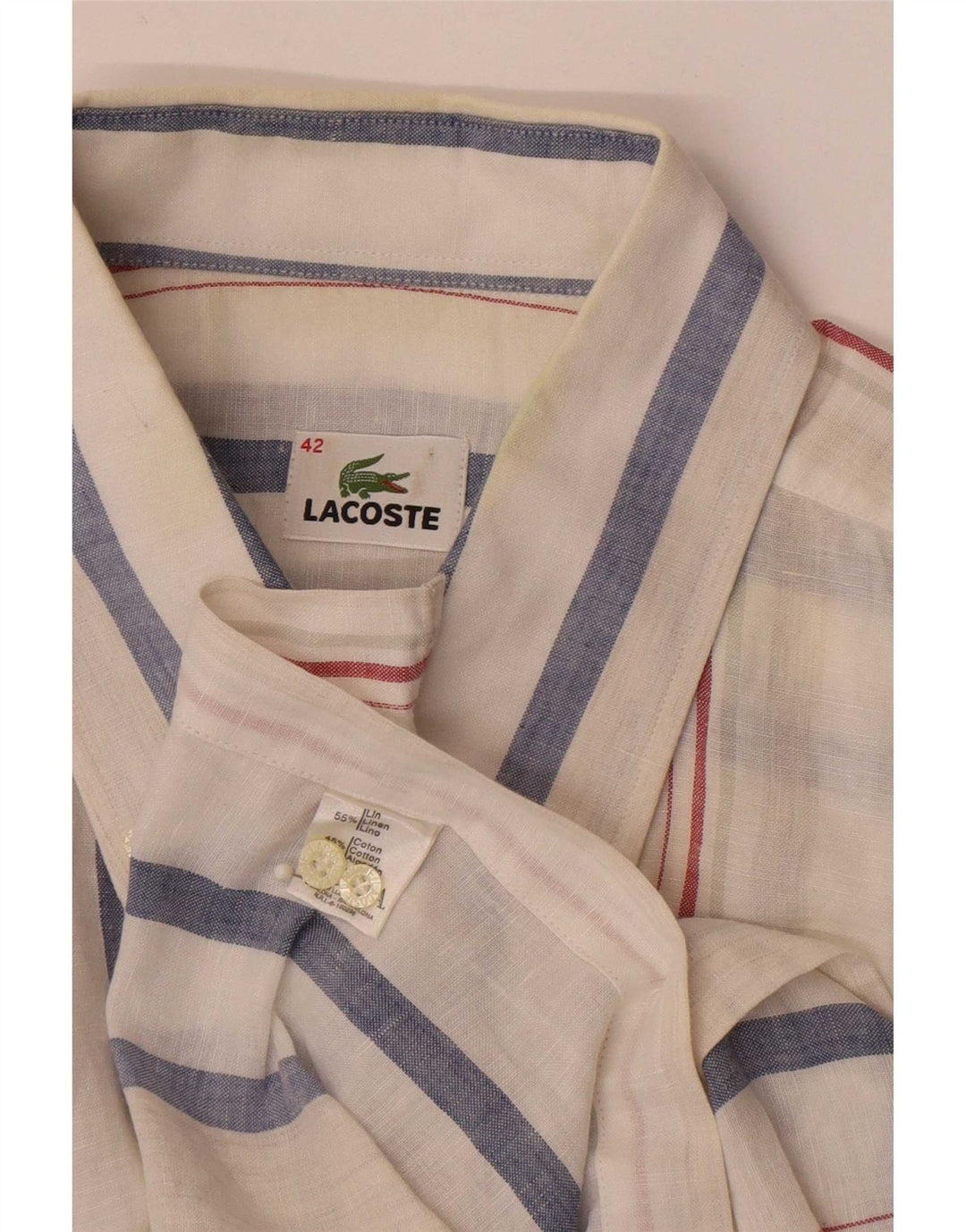 Camisa Lacoste Hombre Manga Corta Talla 42 Grande Lino Rayas Blancas