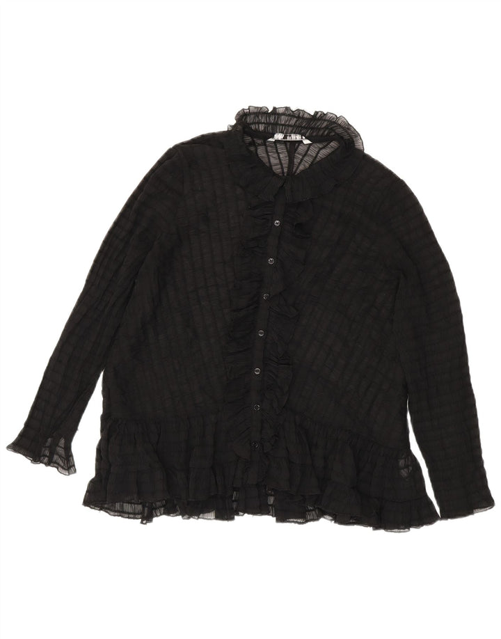 Zara Blusa tipo camisa transparente con volantes en la parte delantera para mujer UK 44 Medium Black