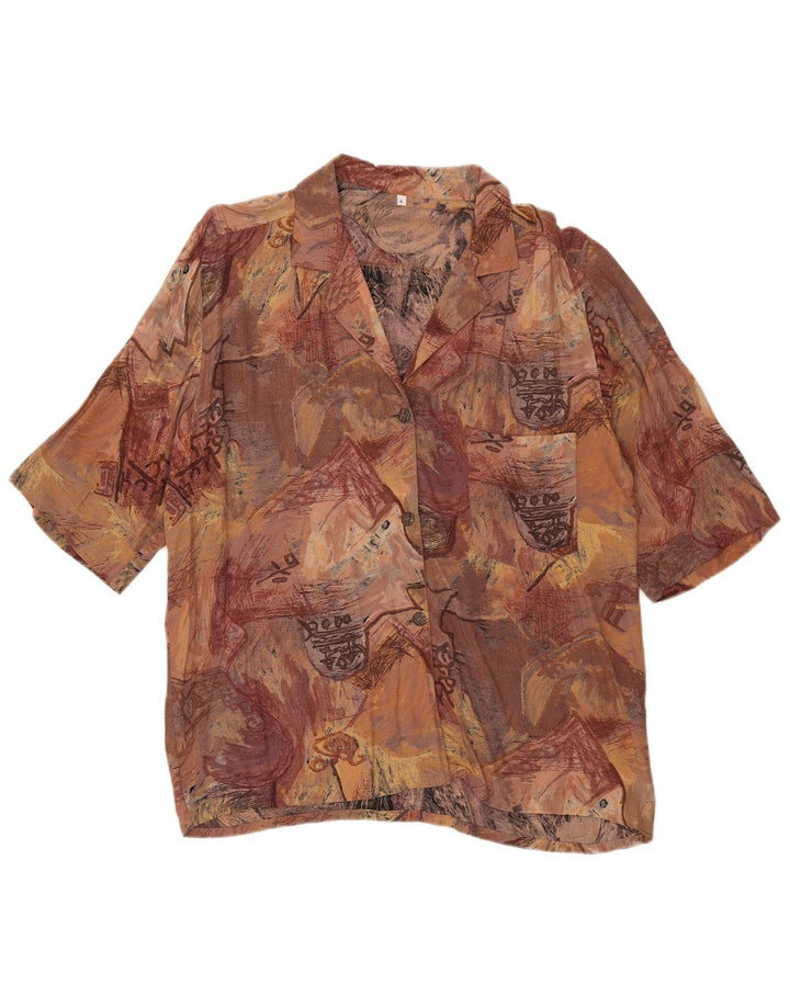 Vintage mujer patrón abstracto camisa de manga corta Reino Unido 14 marrón medio