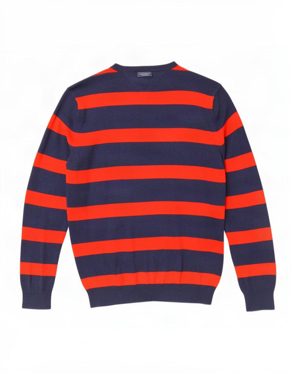 Tommy Hilfiger Mens V-Neck Jumper Sweater Large Navy Blue Striped Cotton
