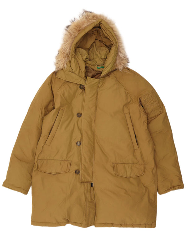 Benetton Parka Con Capucha Hombre UK 42 XL Caqui Algodón Invierno