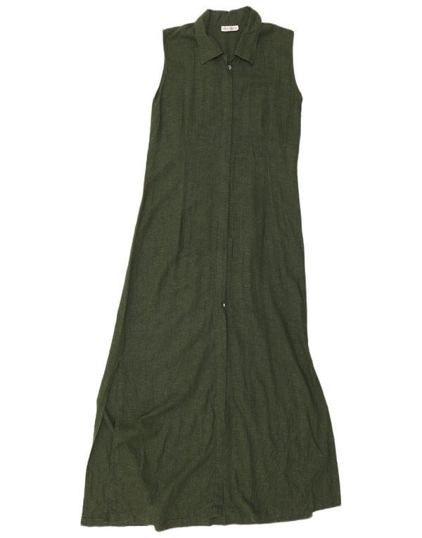 Vintage mujer Maxi vestido de camisa sin mangas Reino Unido 10 pequeño lino verde