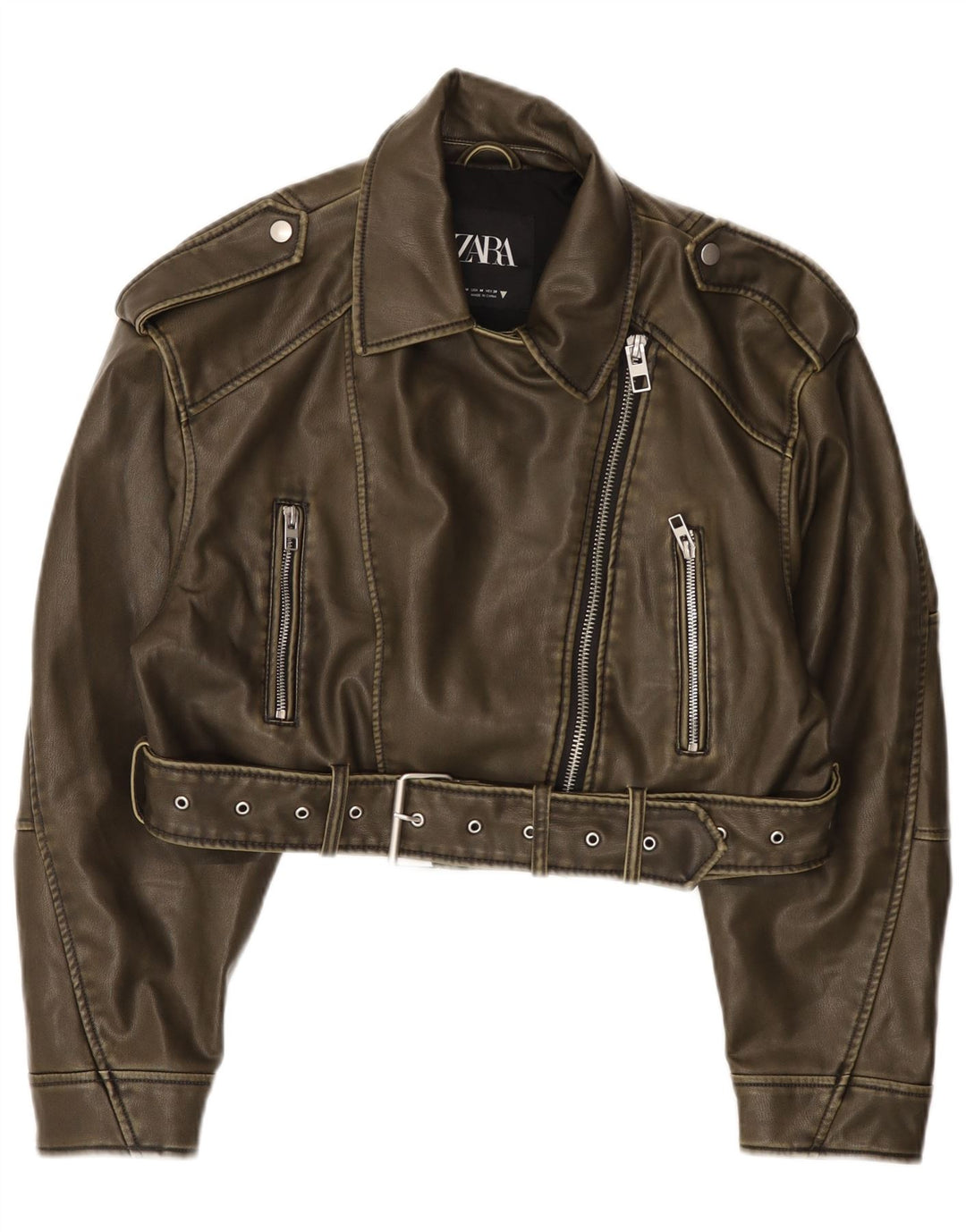 Zara Chaqueta Motera Corta De Piel Sintética Para Mujer UK 44 Poliéster Verde Medio
