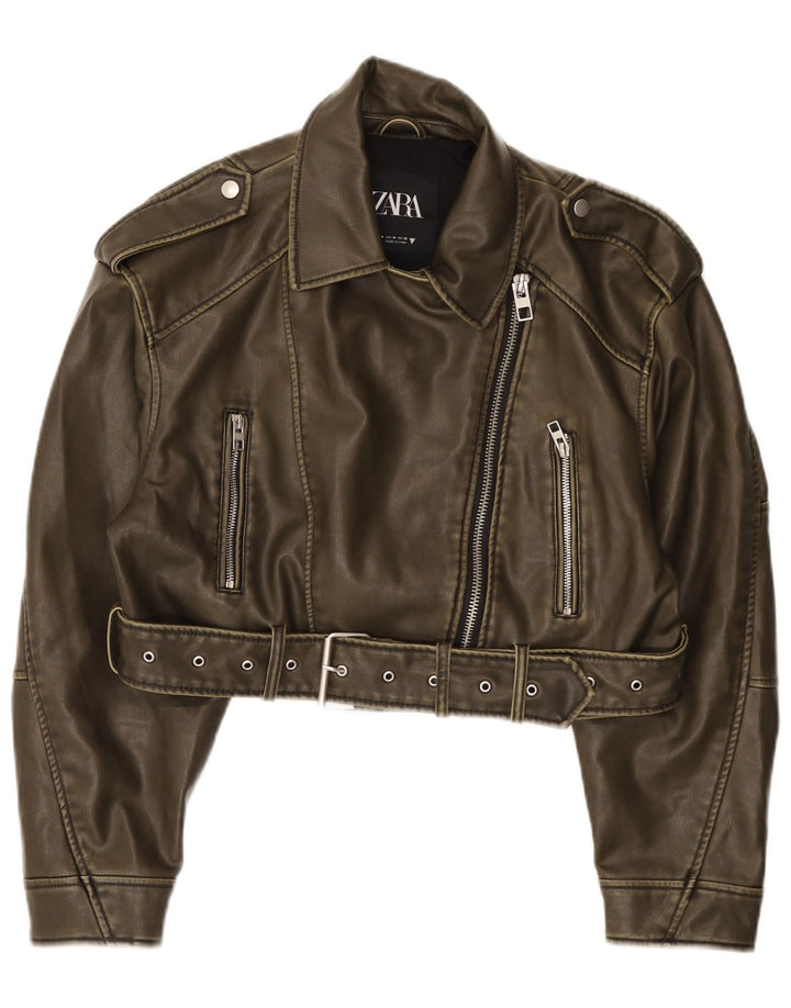 Zara Chaqueta Motera Corta De Piel Sintética Para Mujer UK 44 Poliéster Verde Medio