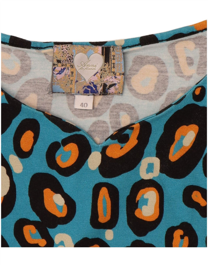VINTAGE Blusa de Mujer Top EU 40 Azul Medio Animal Print Algodón