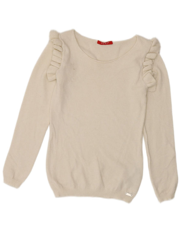Guess Suéter tipo jersey con cuello barco y volantes para mujer UK 8 Small Viscosa blanca