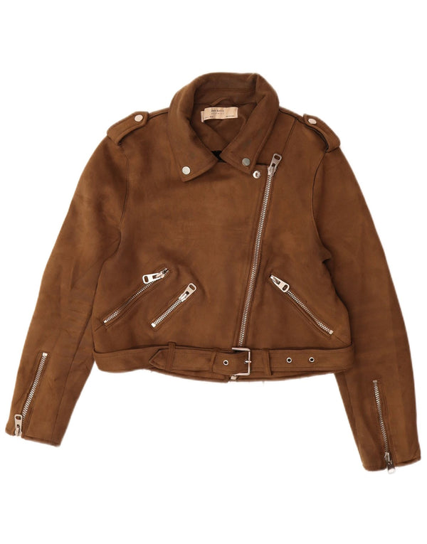 Zara Mujer Crop Chaqueta Motera De Ante Sintético UK 44 Grande Poliéster Marrón