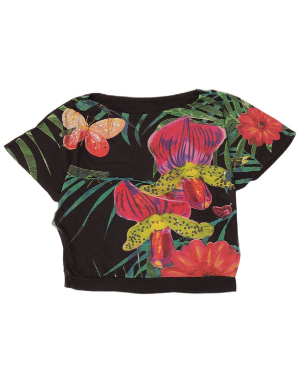 Desigual Camiseta gráfica para mujer Top UK 46 Grande Algodón floral negro