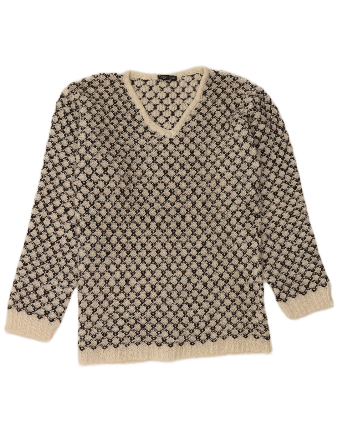 Vintage mujer V-cuello jumper suéter Reino Unido 14 medio apagado blanco geométrico