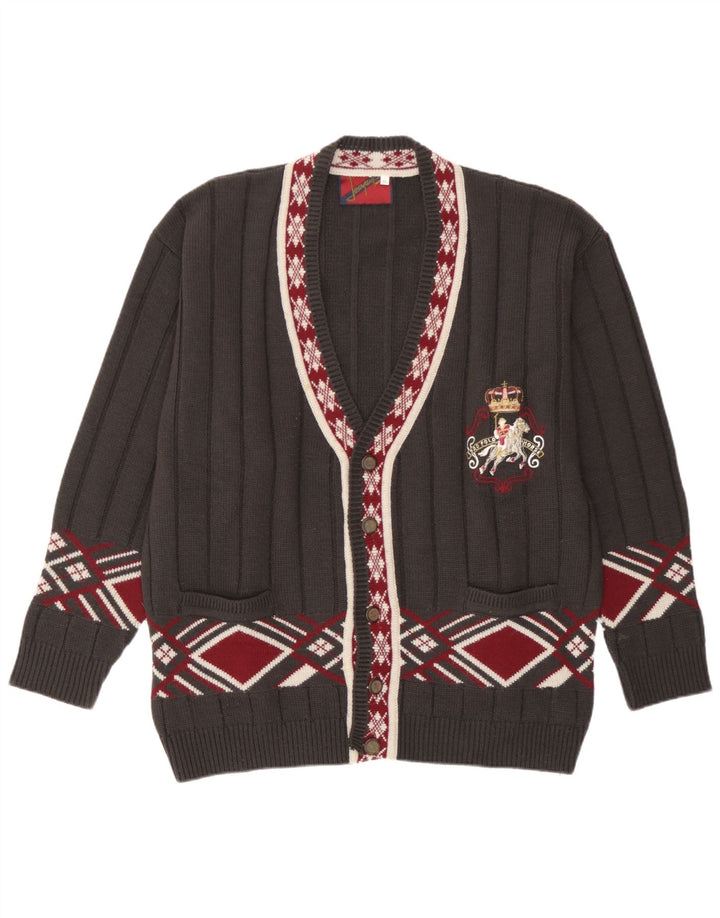 Vintage hombres gráfico cardigan suéter XL gris