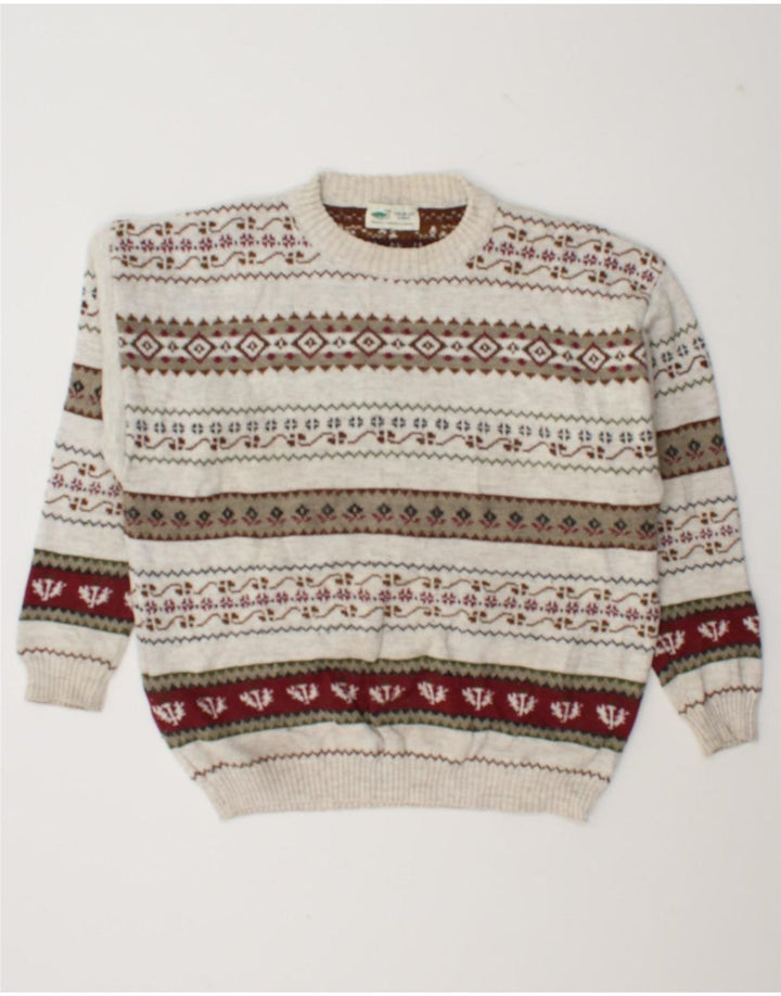 Vintage hombres cuello redondo jersey suéter grande de lana geométrica blanca