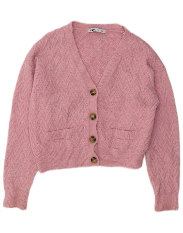 ZARA Mujer Crop Cardigan Suéter UK 44 Acrílico Chevron Rosa Medio
