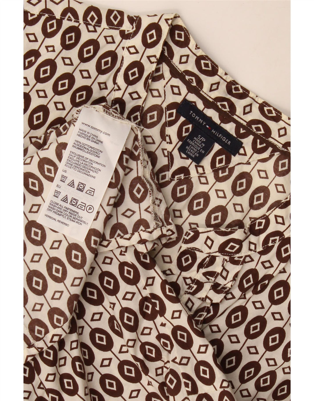 Tommy Hilfiger Blusa con volantes en la parte delantera para mujer UK 10 Small Brown Geométrico