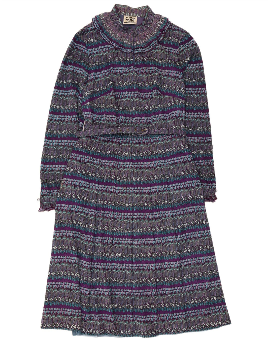 Vintage mujer patrón abstracto Maxi vestido Reino Unido 8 pequeño bloque de color púrpura