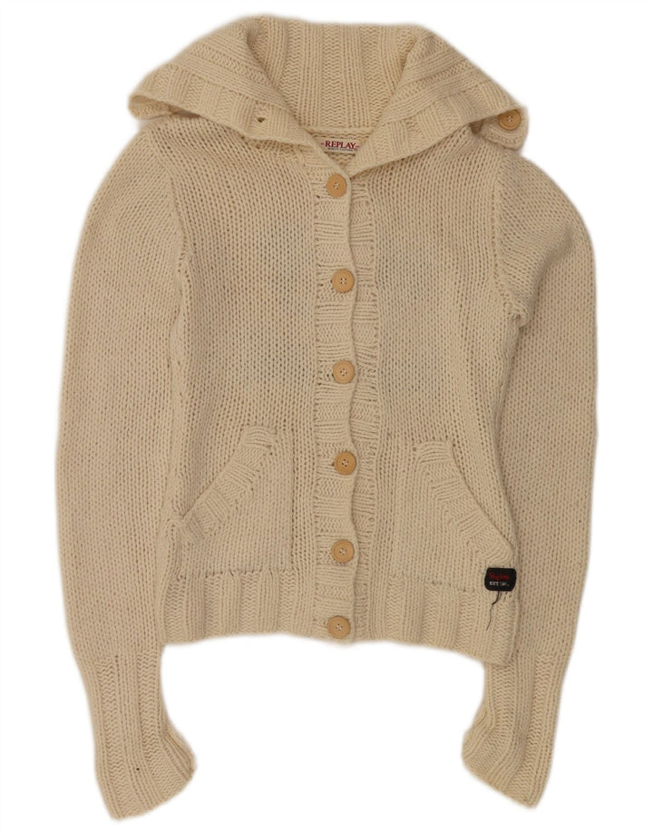 Replay Suéter tipo cárdigan gráfico para mujer UK 10 Small Off White Wool