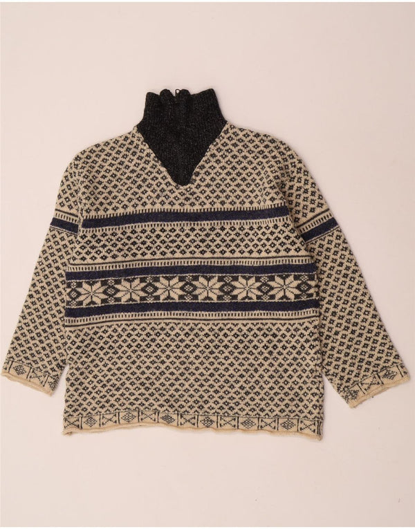 Vintage hombres zip cuello jersey suéter XL beige Fair Isle