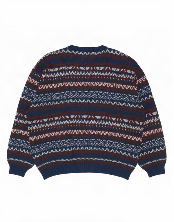 Vintage hombres V-cuello jumper suéter grande azul marino Fair Isle lana