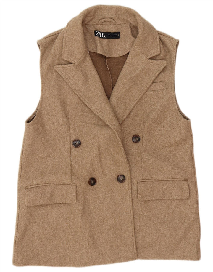 Zara Mujer Chaleco Utilitario De Doble Botonadura UK 42 Poliéster Beige Medio