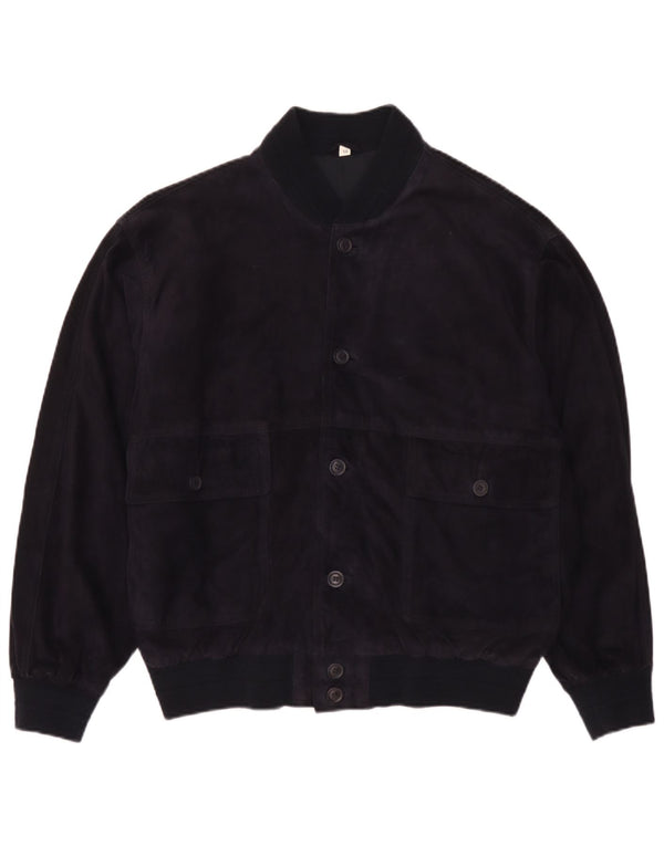 Vintage hombres ante bomber chaqueta IT 50 cuero azul marino grande