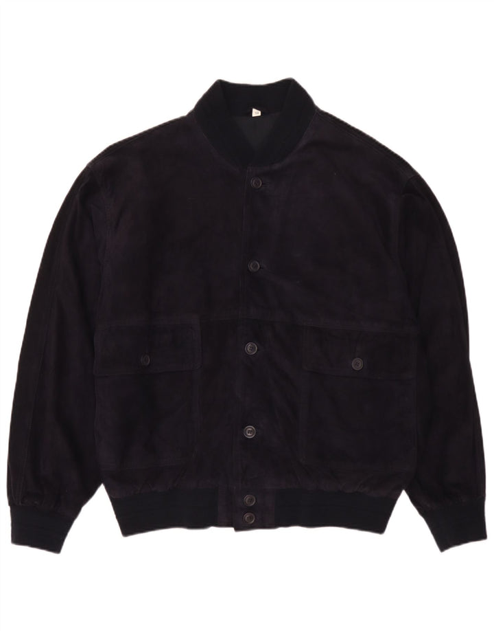 Vintage hombres ante bomber chaqueta IT 50 cuero azul marino grande