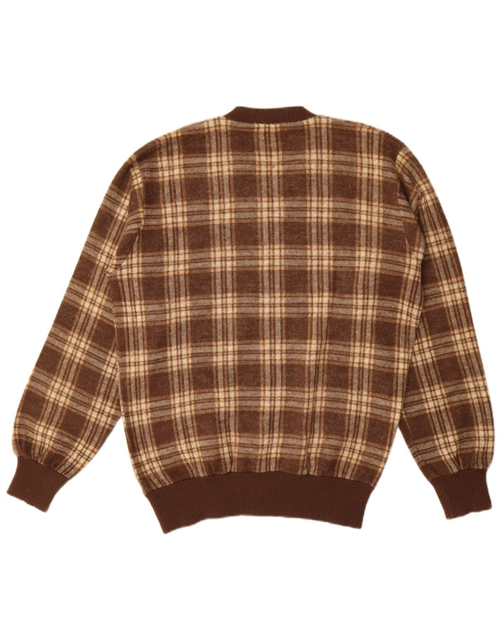 Vintage hombres V-cuello jumper suéter grande marrón comprobar acrílico