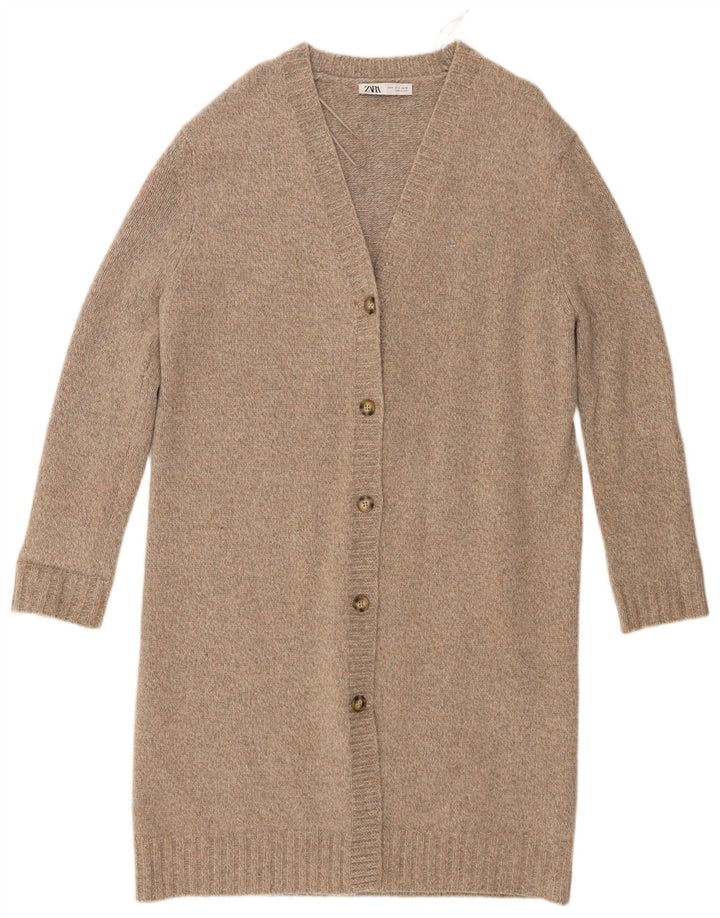Zara Mujer Largo Largo Cárdigan Extragrande Suéter UK 10 Small Gris Lana