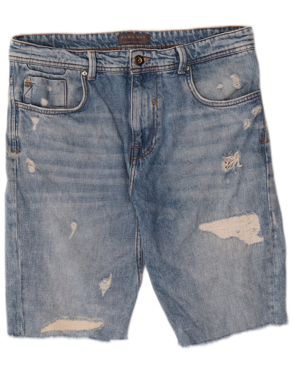 Zara Pantalones cortos de mezclilla desgastados para hombre EU 42 Large W32 Azul
