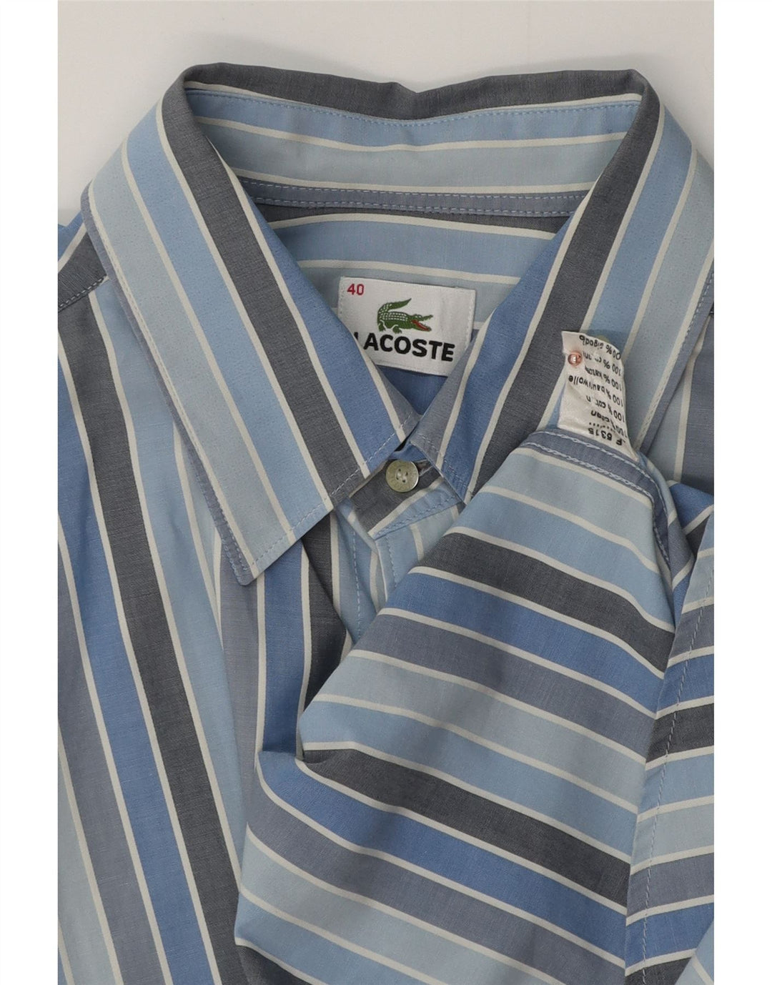 LACOSTE Camisa de manga corta para hombre Talla 40 Algodón de rayas azul medio