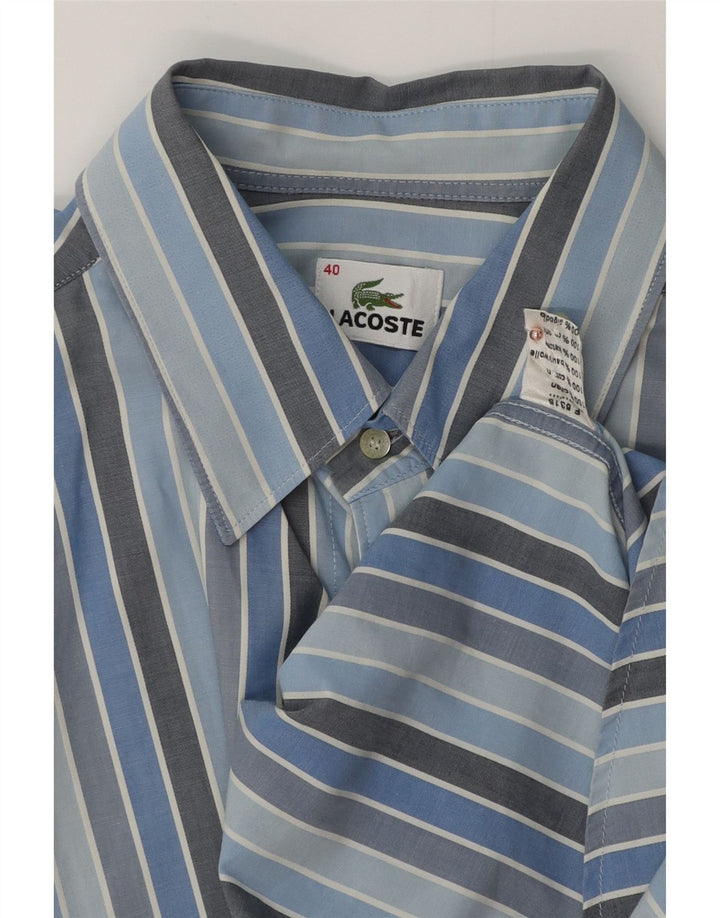 LACOSTE Camisa de manga corta para hombre Talla 40 Algodón de rayas azul medio