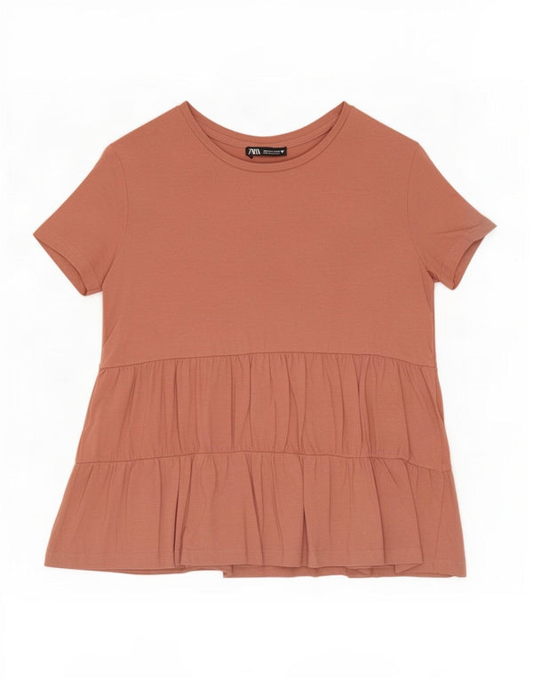 Zara Mujer Blusa De Manga Corta Top UK 40 Small Marrón