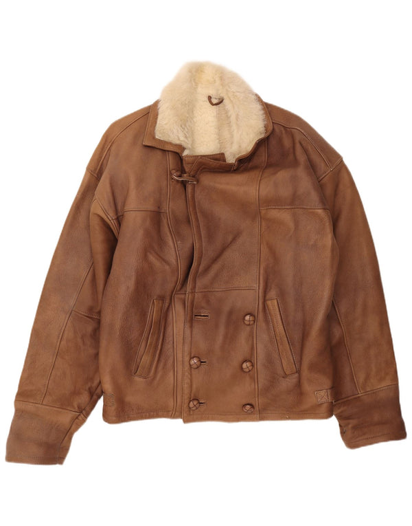 Chaqueta de piel de oveja con doble botonadura vintage para hombre UK 40 Large Marrón Colorblock