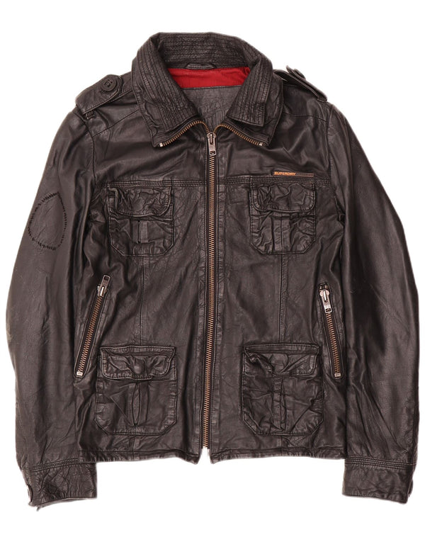 Superdry Chaqueta de cuero militar para hombre UK 36 Small Black Leather