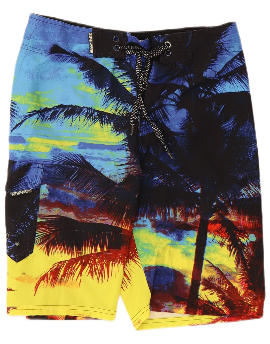 Vintage hombres pantalones cortos de natación pequeño multicolor colorblock hawaiano